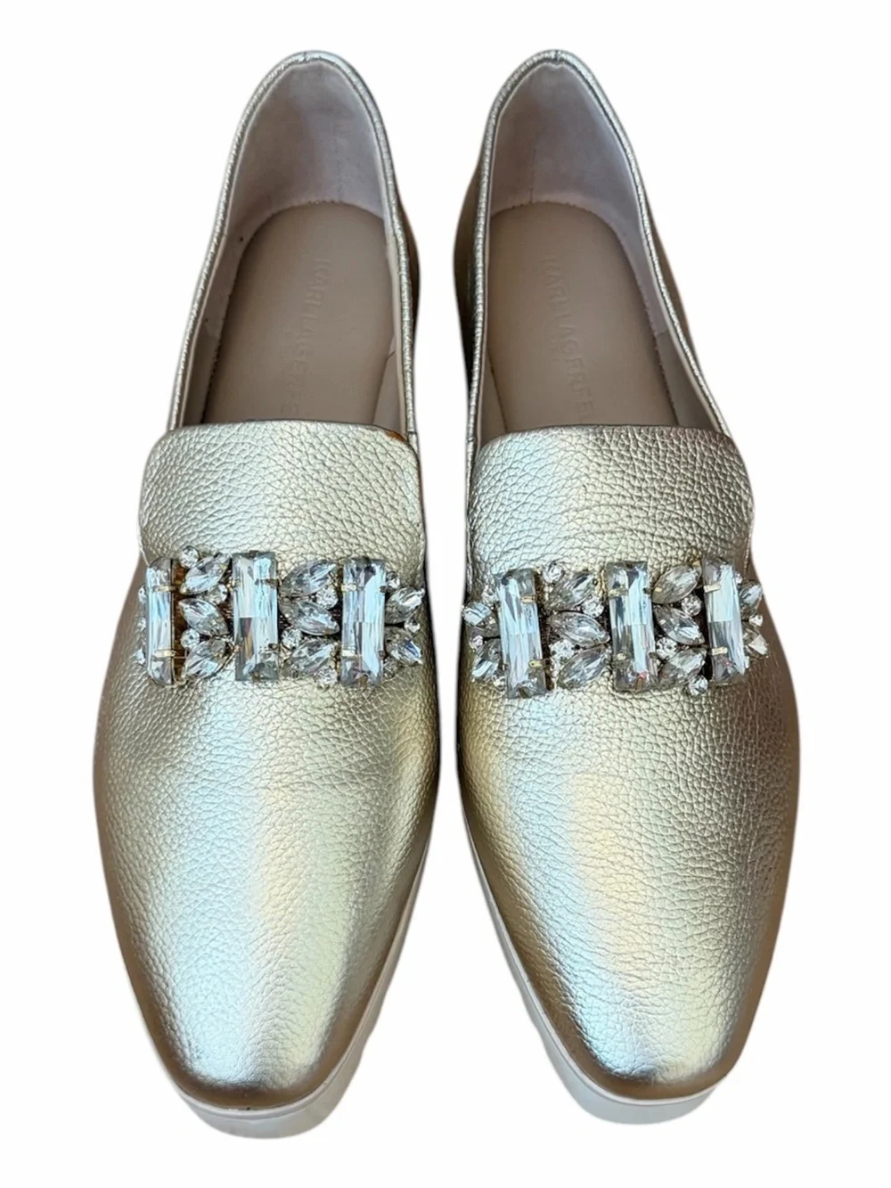 Karl Lagerfeld Paris Bri Gold Metallic Platform Crystal Loafers Size 9 VGUC